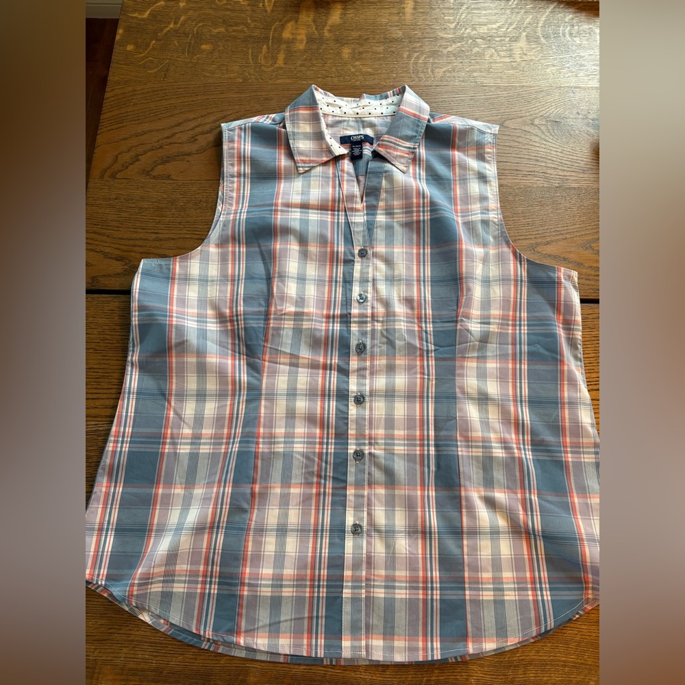 Chaps Sleeveless Plaid Shirt in Blue and pink
